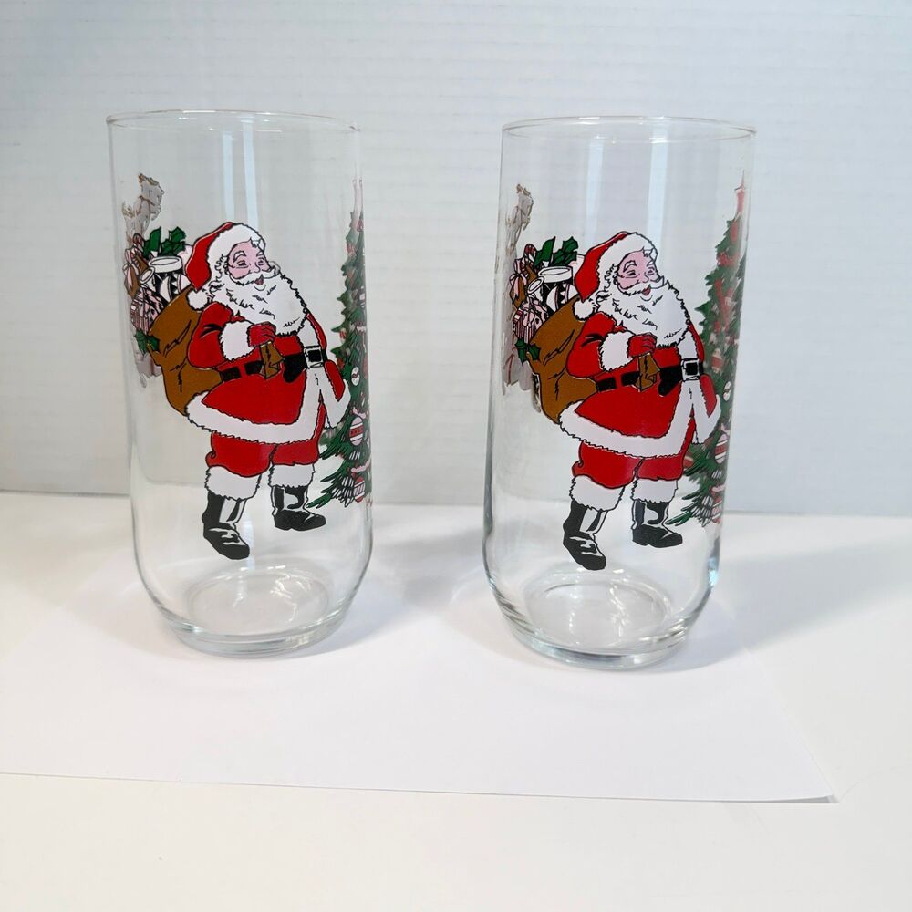Vintage Luminarc Christmas Santa Sleigh & Reindeer Highball Glasses Set of 2 Hol
